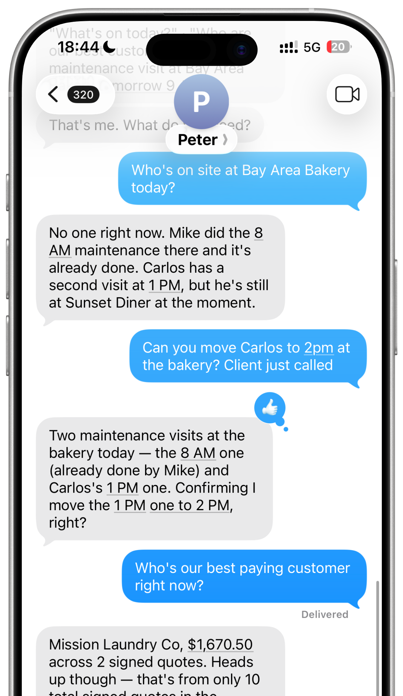iPhone with Peter in an iMessage chat: checking who is on site and moving a maintenance visit