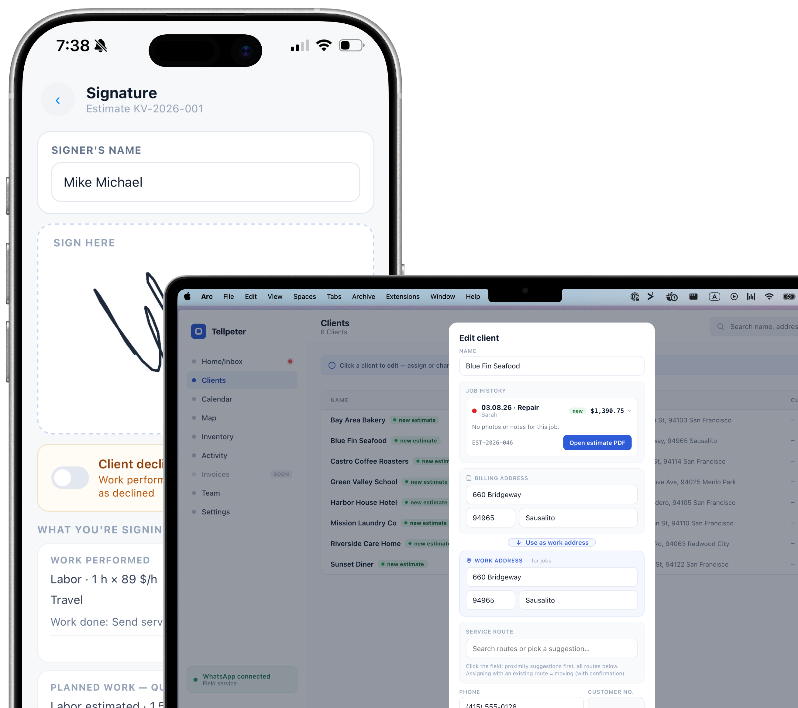 iPhone with a Peter chat on site, overlapped by a MacBook with the Tellpeter client card